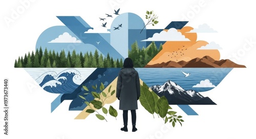 Woman looking at a collage of different natural landscapes. Environmental concept with forest, mountains, desert, ocean for Earth day.