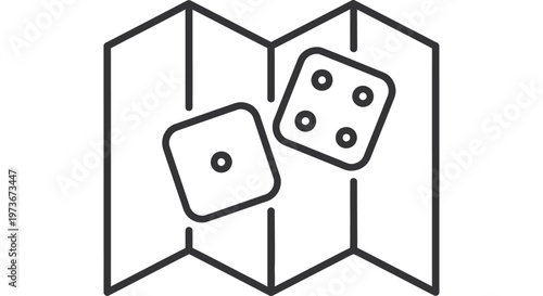 line art illustration of a board game with dice on a map representing adventure and strategy for tabletop gaming concepts