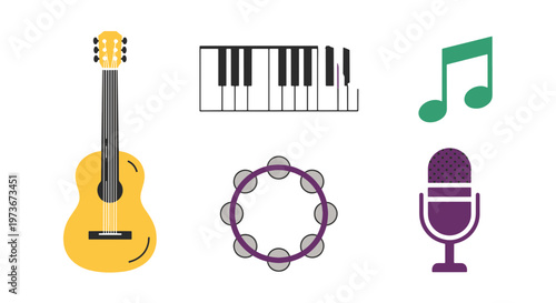 Music School Icons Featuring Guitar Keyboard Tambourine Music Notes Microphone