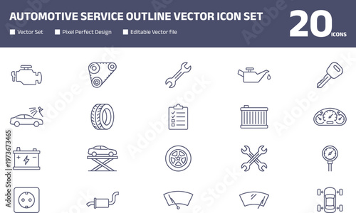 Automotive service outline vector icon set featuring car repair tools, engine parts, battery, tire, dashboard and maintenance symbols