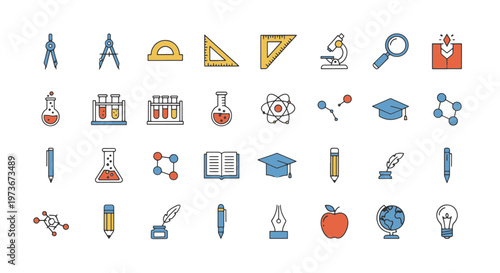 School Education Icons Set for Learning and Science Research Subjects