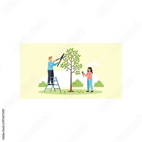 Couple pruning tree in garden with green leaves in natural outdoor lighting for gardening