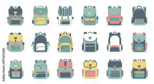 Collection of Colorful School Backpacks with Different Designs and Patterns