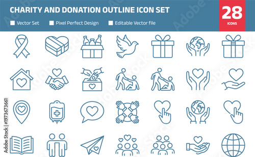 Charity and donation outline icon set featuring helping hands, love, support, volunteering, humanitarian symbols vector collection isolated on white background