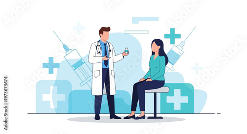 Doctor consulting patient with syringe and medical cross symbols in background