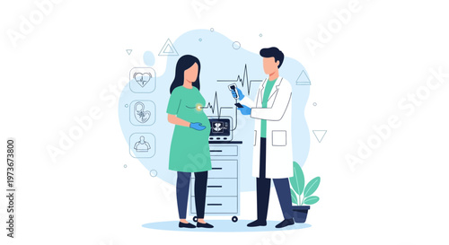 Doctor examines pregnant woman with ultrasound machine, medical checkup, healthcare concept