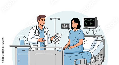 Doctor discusses patient chart in hospital room with monitor and IV drip