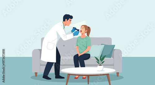 Doctor examining a patient's throat at home, telemedicine concept