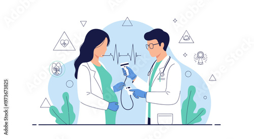 Doctor examines pregnant woman with ultrasound, monitoring fetal heartbeat