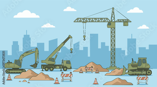 Construction site with heavy equipment, tower crane, excavator, and city skyline
