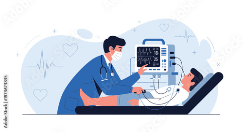Doctor examining patient with EKG monitor, medical checkup, healthcare concept