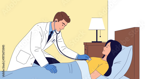 Doctor examining patient in bed with stethoscope, healthcare concept
