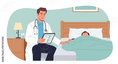 Doctor examining patient in bed with tablet, healthcare concept