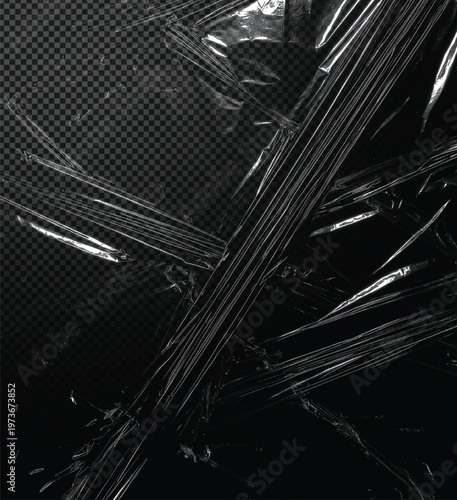 A black plastic wrap texture with crumpled and torn pieces on a transparent background, perfect for design and editing