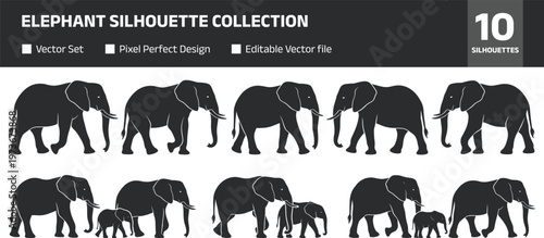 Canvas Print Elephant silhouette collection featuring adult and baby elephants walking, wildl