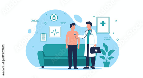 Doctor examining patient with stethoscope in clinic, medical checkup, healthcare concept