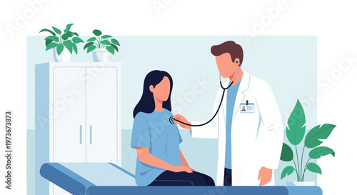 Doctor examining patient with stethoscope in clinic, medical checkup, healthcare concept