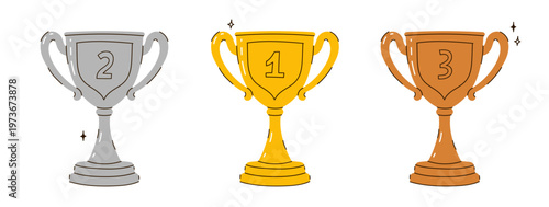 A set of sports award cups: gold, silver, and bronze. Vector graphics.