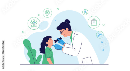 Doctor examining child's throat with otoscope, pediatric healthcare concept illustration
