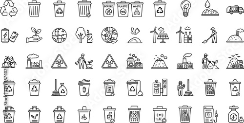 Recycling and waste management outline icon set with trash bins eco sustainability garbage sorting and environmental protection symbols