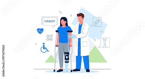 Doctor helping patient with crutches and leg brace during physical therapy session