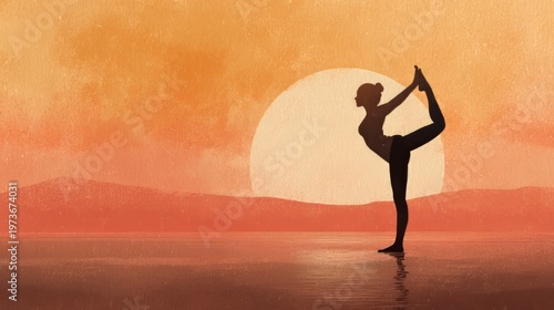 Yoga concept, silhouette practicing yoga, warm tones 