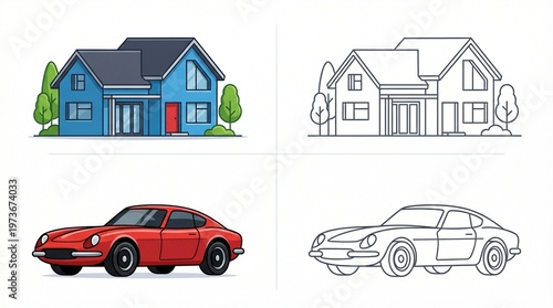 Set of colorful and outline house and car icons simple vector illustrations for design elements isolated on white