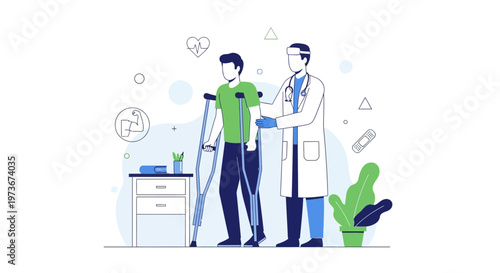 Doctor helping patient with crutches, rehabilitation after injury, medical assistance