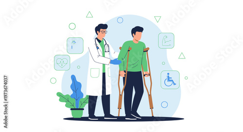 Doctor helping patient with crutches, rehabilitation after injury, physical therapy concept