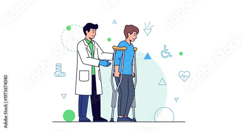 Doctor helping patient with crutches, rehabilitation after injury, medical support