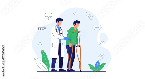 Doctor helping patient with crutches, rehabilitation, physical therapy, recovery, medical care
