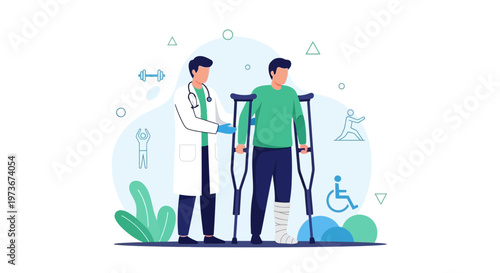 Doctor helps injured patient with broken leg walk on crutches, rehabilitation and recovery concept