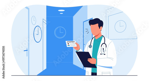 Doctor Holding ID Card and Clipboard in Hospital Corridor