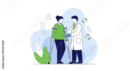 Doctor Helping Patient with Crutches, Rehabilitation and Recovery Concept
