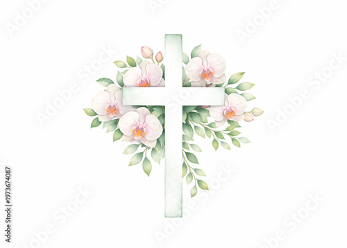 Silver cross with flowers, watercolor style, symbolizing faith, hope, and peace, religious event, sympathy card, church announcement or Easter design project