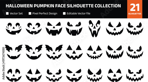Halloween pumpkin face silhouette collection featuring spooky jack o lantern expressions, scary vector icon set isolated on white background