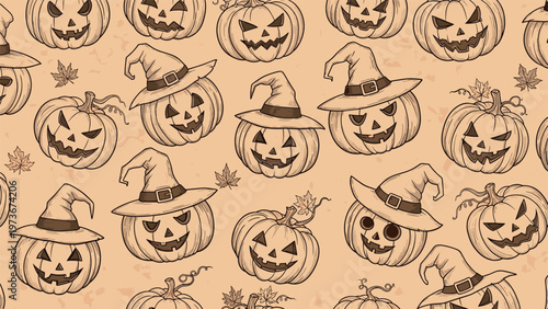 Festive Halloween pattern features carved jack o lanterns wearing witch hats and autumn leaves for a cheerful and spooky seasonal design.