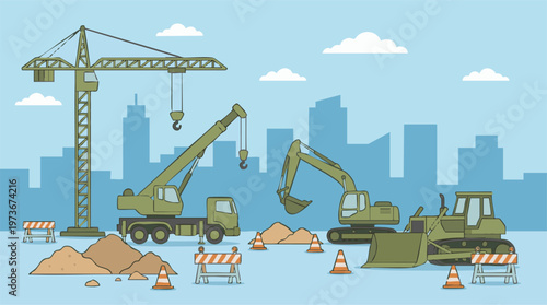 Industrial construction site with heavy equipment and urban landscape