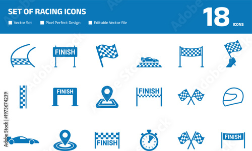 Canvas Print Large set of racing icons featuring checkered flags, finish lines, race cars, an