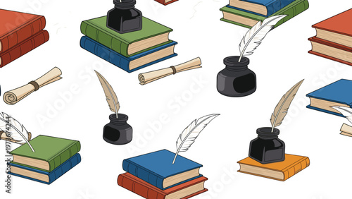 Classic stationery pattern includes stacks of books, inkwells, and feather quills for a vintage educational or literary background theme.