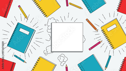 Cheerful school pattern shows notebooks, pencils, and clouds on a light blue background, perfect for educational and creative projects.