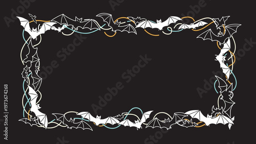 Decorative Halloween frame made of white bat silhouettes and colorful swirls on a black background offers a spooky and festive border.