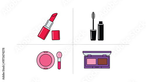 Assorted makeup products including lipstick, mascara, blush, and eyeshadow palette