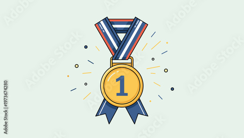 Gold medal for first place with a striped ribbon and celebratory sparkles symbolizes victory, achievement, and athletic competition success.