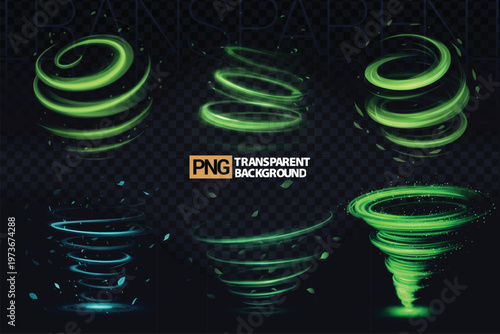 Glowing green and blue swirling vortex effects on transparent background for video editing and design