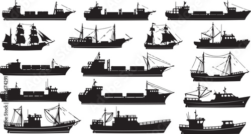 Collection of various ship silhouettes on white background