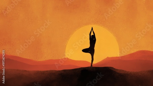 Yoga concept, silhouette practicing yoga, warm tones 