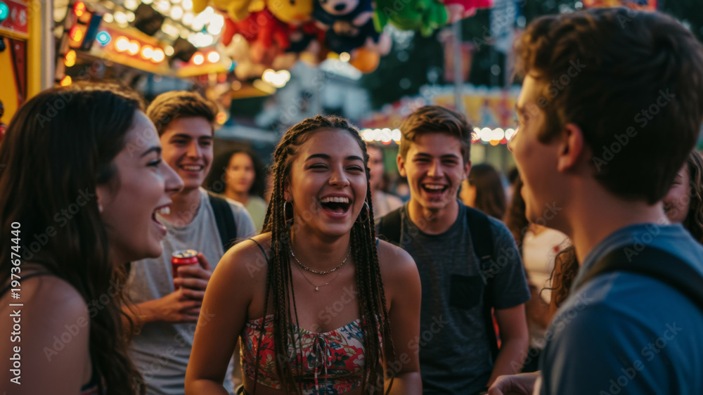 Fototapeta premium Group of happy young adults laughing and interacting at a funfair or amusement park in the evening. Joyful friendship and youth lifestyle concept for advertising.