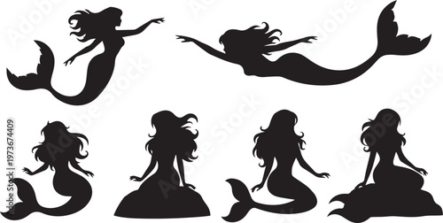 Mermaid Silhouette Set, Mythical Sea Creature Vector Icons