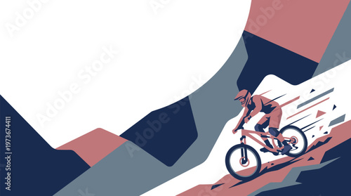 Mountain biker on a fast downhill descent with speed trails, embodying extreme sport adventure. Modern flat design illustration in muted blue and terracotta vector graphic art.